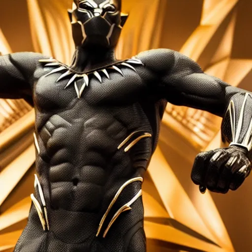 Image similar to a close up shot of a golden statue of black panther, detailed, 8K, epic,