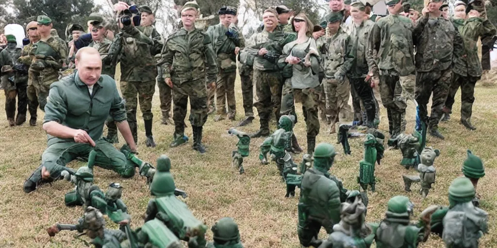 Prompt: vladimir putin playing with toy green army men