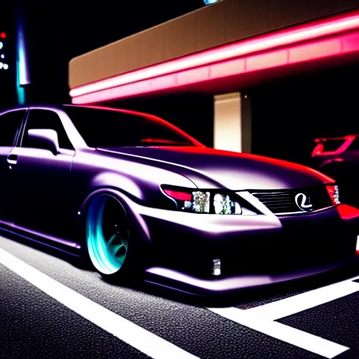 Image similar to a car Lexus VIP at illegal car meet, Shibuya prefecture, midnight mist lights, cinematic color, photorealistic, highly detailed wheels, highly detailed