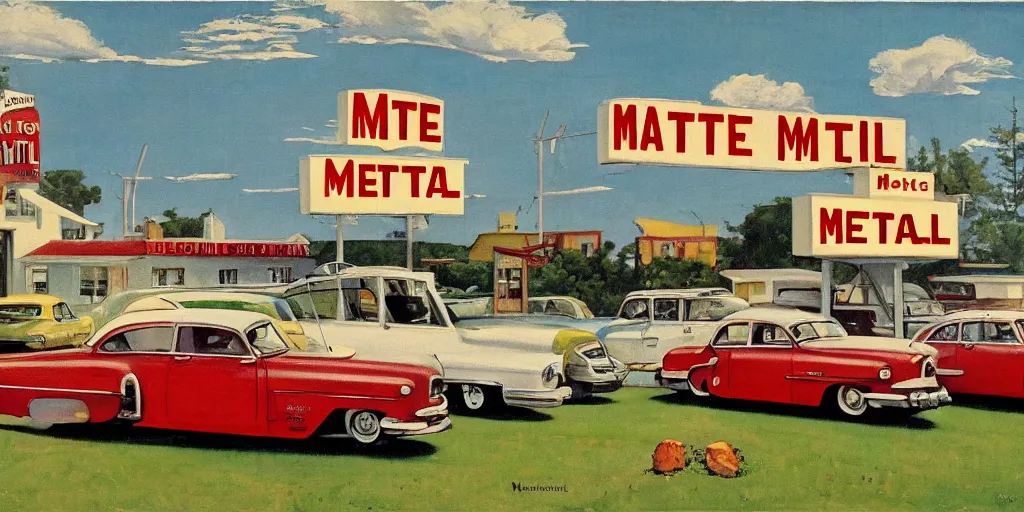 Image similar to 1 9 5 0 s americana painting of a motel and motel sign with cars parked outside by norman rockwell