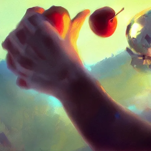 Image similar to the hand is reaching for the apple, painting by Craig Mullins, octane rendering, soft morning lighting, wide angle lens, in the style of Hayao Miyazaki, trending on artstation,