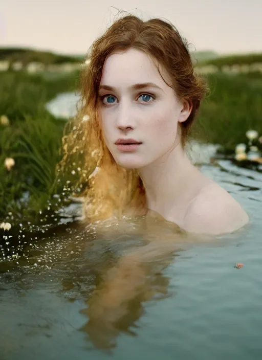 Prompt: Kodak Portra 400, 8K, soft light, volumetric lighting, highly detailed, britt marling style 3/4 ,portrait photo Close-up portrait photography of a beautiful woman how pre-Raphaelites, the face emerges from a pond surrounded by lily pads, thermal waters flowing down white travertine terraces, inspired by Ophelia paint ,and hair are intricate with highly detailed realistic beautiful flowers , Realistic, Refined, Highly Detailed, interstellar outdoor soft pastel lighting colors scheme, outdoor fine art photography, Hyper realistic, photo realistic