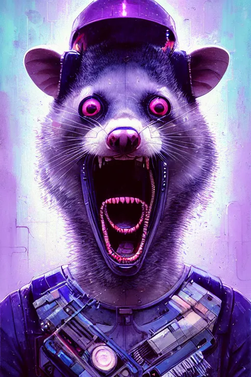 Image similar to a beautiful portrait of a cute cyberpunk opossum screaming by sandra chevrier and greg rutkowski and wlop, purple blue color scheme, high key lighting, volumetric light, digital art, highly detailed, fine detail, intricate, ornate, complex, octane render, unreal engine, photorealistic