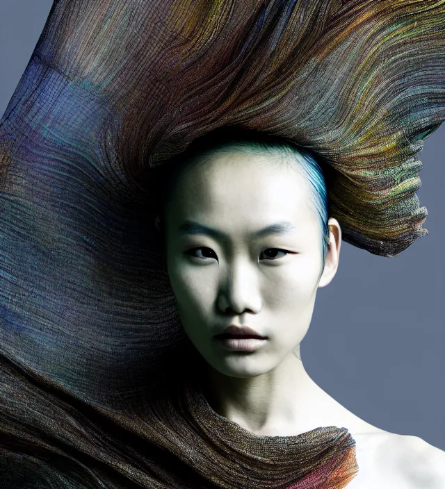 Image similar to photography face portrait of one female asian fashion model in rainforest, wearing one organic futurist shawl designed by iris van herpen,, creative colorfull - makeup, curly hair style half _ long, photography by paolo roversi nick knight, helmut newton, avedon, and araki, sky forest background, natural pose, highly detailed, skin grain detail