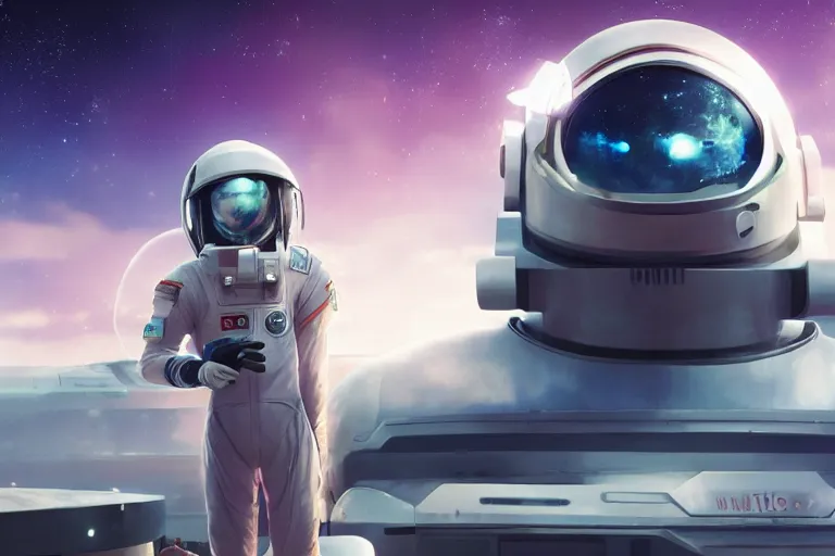 Prompt: futuristic astronaut chasing a distant spaceship Anime, wide angle, fine details, cinematic. colorful galaxy starscape. realistic shaded lighting by Ilya Kuvshinov Giuseppe Dangelico Pino and Michael Garmash and Rob Rey greg rutkowski, octane render, IAMAG premiere, aaaa achievement collection, bullet traces, cinematic hologram, fabulous, daily deviation, annual award winner