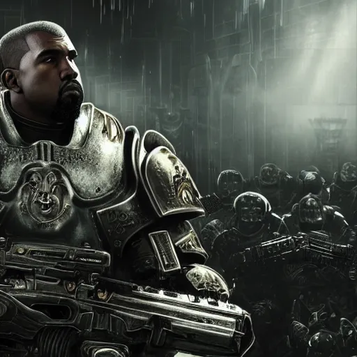 Image similar to Kanye West as 'the emperor of humanity from warhammer 40k' in 'Gears of War', splash art, movie still, cinematic lighting, detailed face, dramatic, octane render, long lens, shallow depth of field, bokeh, anamorphic lens flare, 8k, hyper detailed, 35mm film grain