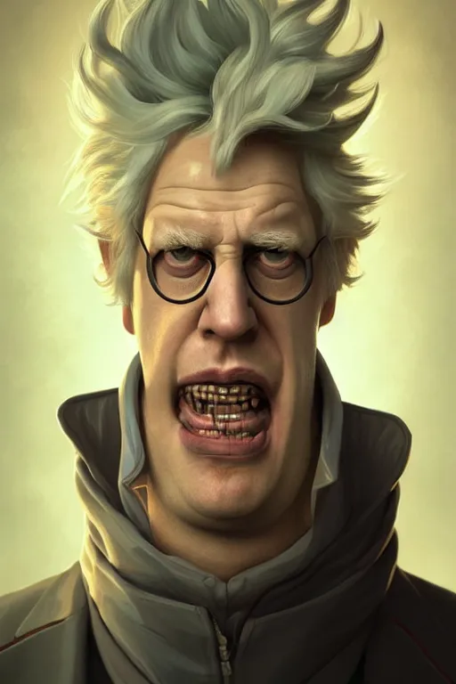 Image similar to Boris Johnson as a drunk genius Rick Sanchez, 2d portrait, symmetrical, highly detailed, digital painting, artstation, concept art, smooth, sharp focus, illustration, cinematic lighting, art by artgerm and greg rutkowski and alphonse mucha