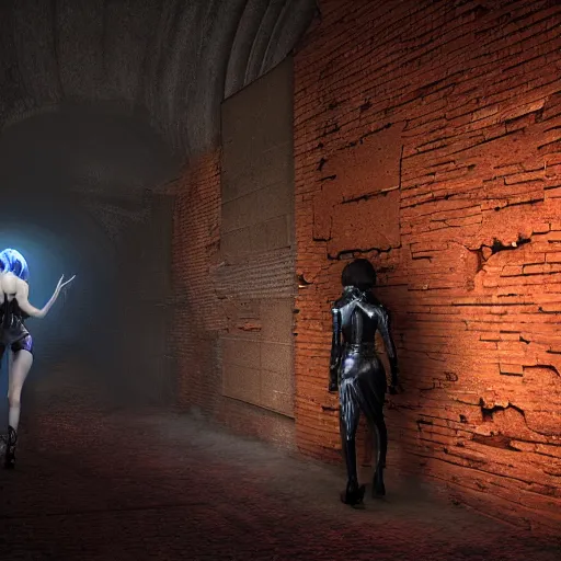 Image similar to a boy victim being intimidated by a succubus in a leather suit, devi wings, cracked brick wall, long hallway, light at the end of the tunnel, volumetric lighting, concept art, detailed, dramatic lighting, by hayao miyazaki