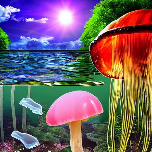 Prompt: jellyfish, mushroom, sun, water, forest