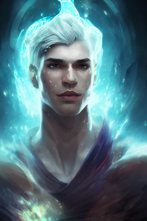 Image similar to a human elemental sorcerer, blurred environment background, epic magic effects, white skin, chest up, portrait, male, sharp focus, digital art, concept art, post processed, dynamic lighting, by emylie boivin and rossdraws