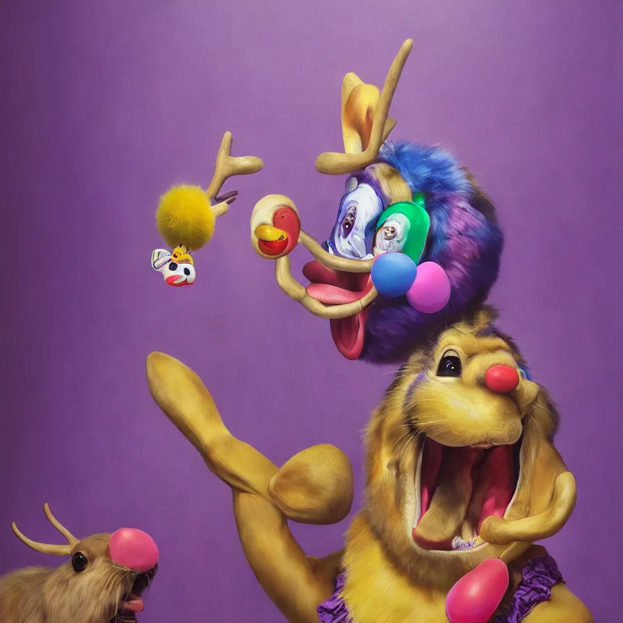 Prompt: rare hyper realistic portrait painting by raden wijaya, studio lighting, brightly lit purple room, a blue rubber ducky with antlers laughing at a giant laughing rabbit with a clown mask