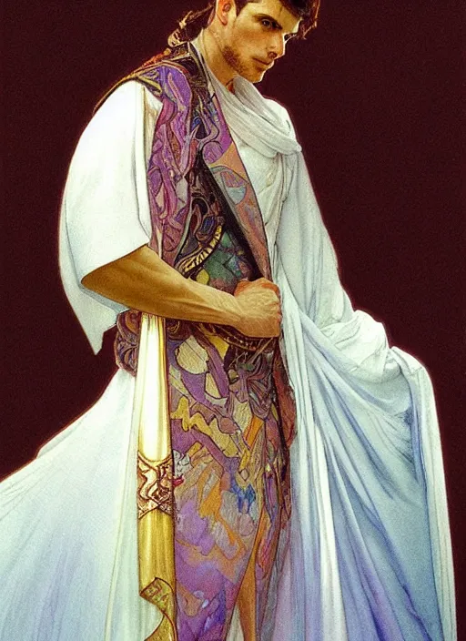 Image similar to a tall, muscular man with dark hair and pale skin. he is wearing a white royal robe. i'm the background, rainbow colors swirl around him. chromatic light. portrait painting by artgerm and greg rutkowski and alphonse mucha.