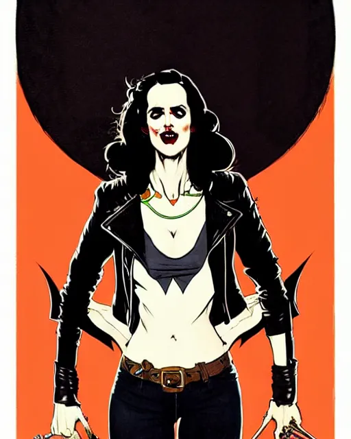 Image similar to Rafael Albuquerque comic art, art nouveau, Norman Rockwell, Joshua Middleton, pretty female Eva Green vampire, sharp vampire teeth, sarcastic smile, symmetrical eyes, symmetrical face, brown leather jacket, jeans, long black hair, full body, building on fire, cool colors