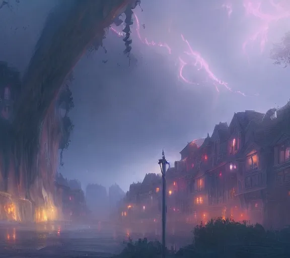 Prompt: matte painting of a small town with a demonic magical ethereal portal!!! ( in the style of noah bradley and raphael lacoste and ruan jia and marc simonetti )