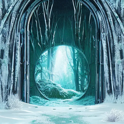 Image similar to frozen derelict portal in a middle of a snowy lush futuristic forest, green lush world seen only through a portal, daylight, cinematic lighting, blue sky, syd mead, john harris