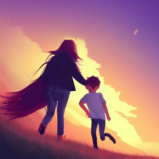 Prompt: A beautiful girl and her boyfriend happily walk into the sunset, holding hands, digital art, artstation