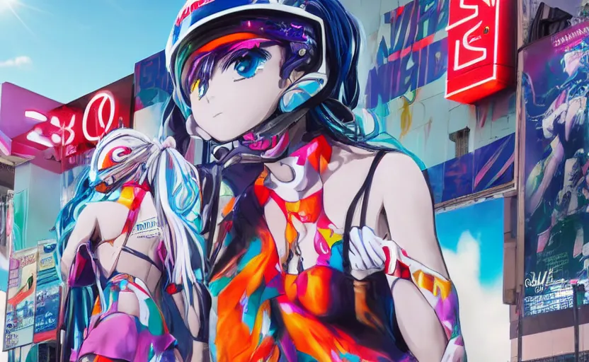 Image similar to billboard advertisement with an extremely beautiful photo of a white marble statue of an anime girl with colorful motocross logos and motorcycle helmet with closed visor, colorful smoke in the background, carved marble statue, fine art, neon genesis evangelion, virgil abloh, offwhite, denoise, highly detailed, 8 k, hyperreal