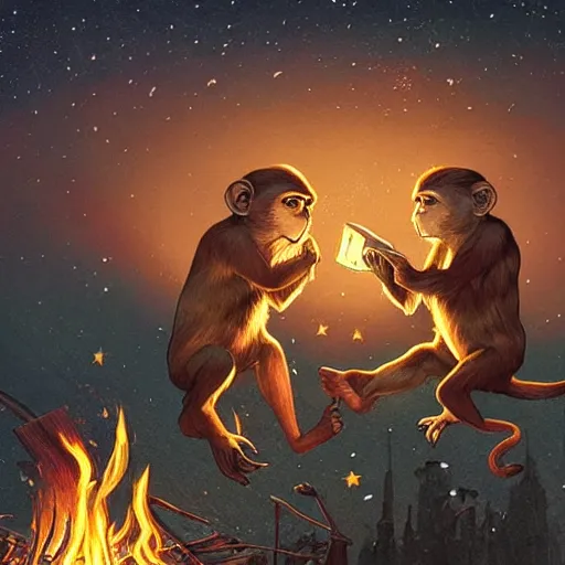 Image similar to [two monkeys throwing books in a bonfire, behind them space rockets are taking off. propaganda, closeup, D&D, intricate, elegant, highly detailed, digital painting, artstation, concept art, matte, sharp focus, illustration, art by Artgerm and Greg Rutkowski and Alphonse Mucha and Enki Bilal]