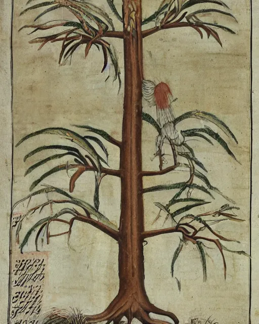 Prompt: a manuscript painting of exeggutor in the style of the Rochester Bestiary, Ashmole Bestiary