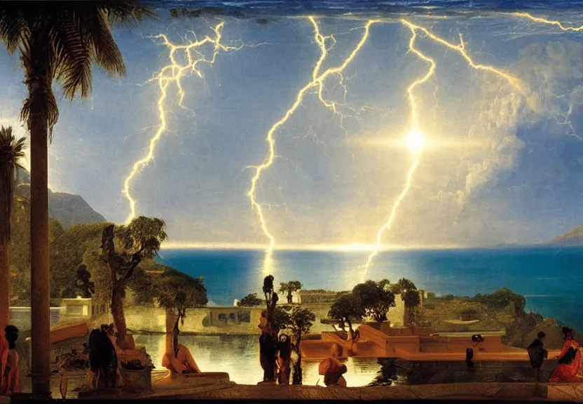 Prompt: The palace, Moon refracted sparkles on the ocean, thunderstorm, greek pool, beach and Tropical vegetation on the background major arcana sky, by paul delaroche, hyperrealistic 4k uhd, award-winning, very very very detailed