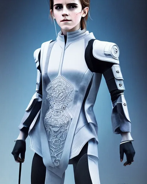 Prompt: full body shot of emma watson dressed in futuristic cyberpunk clothing, hogwarts, d & d, soft diffused light, bjork aesthetic, translucent, by rineke dijkstra and artgerm, intricate details, highly detailed, masterpiece, 8 5 mm