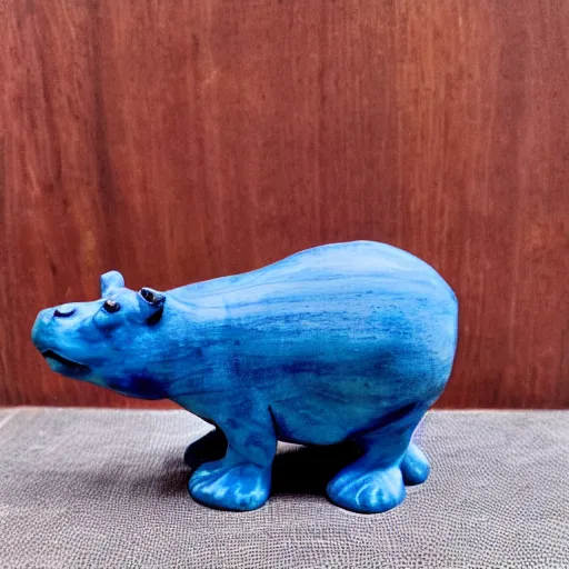 Image similar to a small hippo statue carved from natural wood, dipped in polished blue ceramic, half and half, mixed media, side view