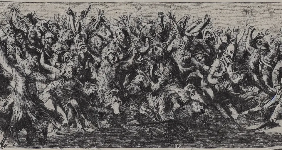 Image similar to an etching of elisha calling bears to attack the forty youth, by albert rosenthal!!!!!!!!!!!!!!!!!!!