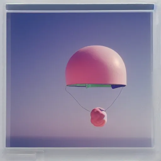 Image similar to a pastel colour high fidelity Polaroid art photo from a holiday album at a seaside with abstract inflatable parachute furniture ((and spheres)), all objects made of transparent iridescent Perspex and metallic silver, no people, iridescence, nostalgic