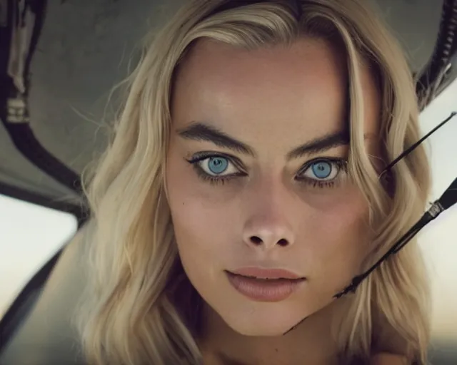 Image similar to a photo of margot robbie in the air jumping from a helicopter, hyper realistic faces, beautiful eyes, cinematic, long shot, hyper detailed, 8 5 mm photograph, 8 k resolution, film still, sharp lens, wide lens