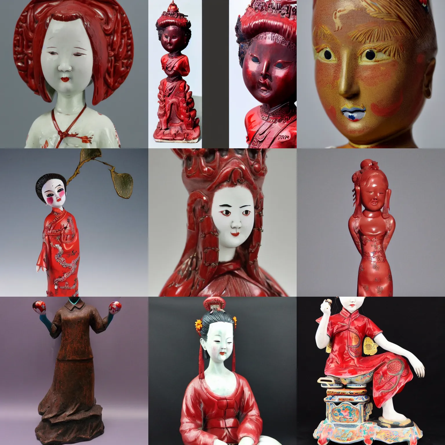 Prompt: girl statue made from chinese porcelain brush face hand painted with iron red dragons full - length