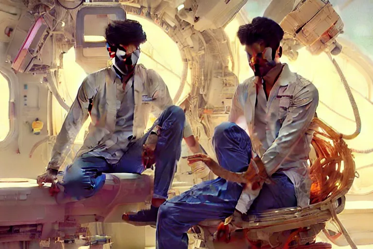 Image similar to Sensual good looking pale young Indian doctors wearing jeans partying in a space station above Earth performing surgery, portrait, elegant, intricate, digital painting, artstation, concept art, smooth, sharp focus, illustration, art by artgerm and greg rutkowski and alphonse mucha