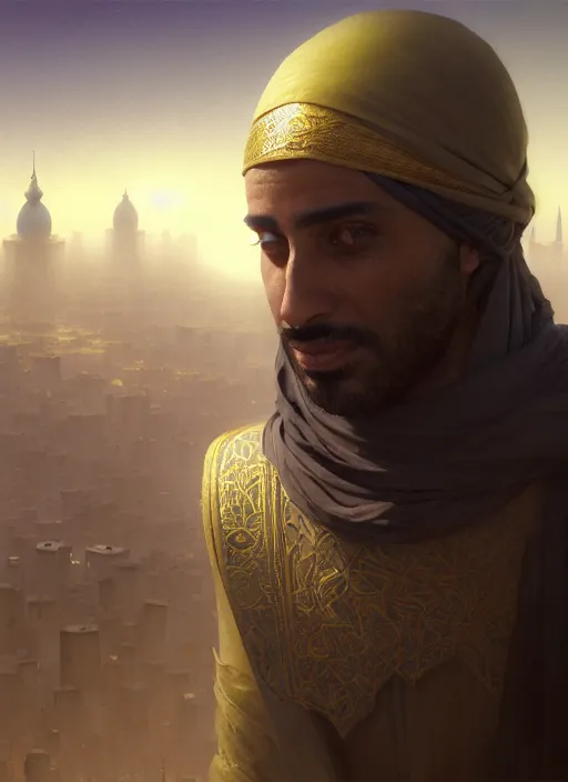 Image similar to highly detailed portrait arab man modern knight, hero, yellow charcoal, stephen bliss, 8 k, unreal engine, fantasy art by greg rutkowski, loish, rhads, ferdinand knab, makoto shinkai and lois van baarle, ilya kuvshinov, rossdraws, tom bagshaw, global illumination, radiant light, detailed and intricate environment