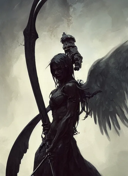 Image similar to a portrait of a beautiful angel of death holding a large scythe by marco bucci and greg rutkowski and frank frazetta, sharp focus, detailed, cinematic, closeup