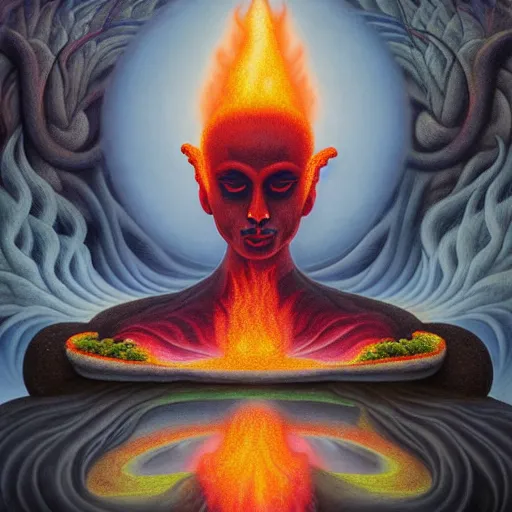 Image similar to the devil meditating in a zen garden with a lava waterfall in hell, by Adi granov and afarin sajedi and amanda sage and evgeni gordiets and Agostino Arrivabene and adonna khare in a psychedelic portrait style, ultrarealistic matte painting, volumetric lighting, fractal, extremely symmetrical, highly detailed face, orisha, 8k, hd