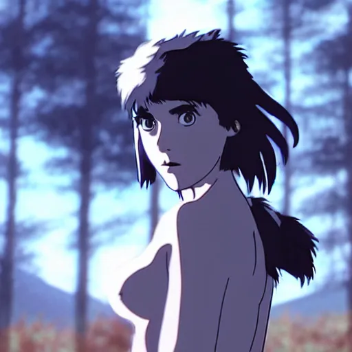 Image similar to mary elizabeth winstead as princess mononoke, still frame, sharp focus, art by cinematic