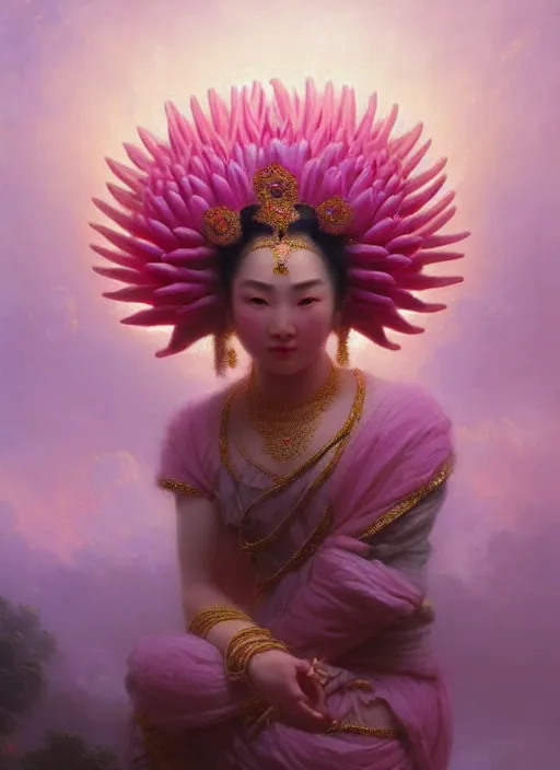 Image similar to stunning asian godess, detailed pink and white protea head peace against a black backdrop by ivan aivazovsky, wlop, oil painting, beautiful soft lighting, muted colours, artstation