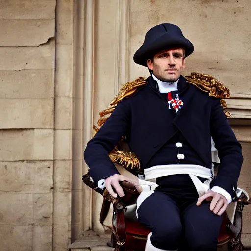 Image similar to closeup portrait of emmanuel macron dressed as napoleon in a paris street, natural light, sharp, detailed face, magazine, press, photo, steve mccurry, david lazar, canon, nikon, focus