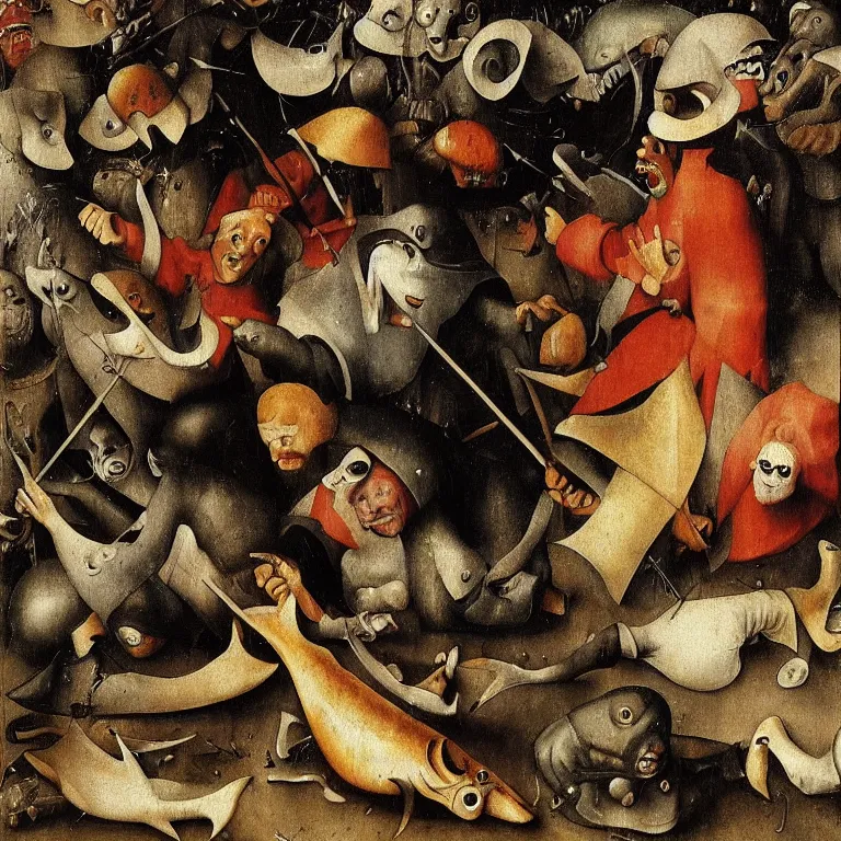 Prompt: The portrait of fish men and Grim Reaper who laughs and follow them, by Hieronymus Bosch and Pieter Bruegel inspired by Terry Pratchett, super detailed oil painting, hyper realistic faces, 4k, masterpiece