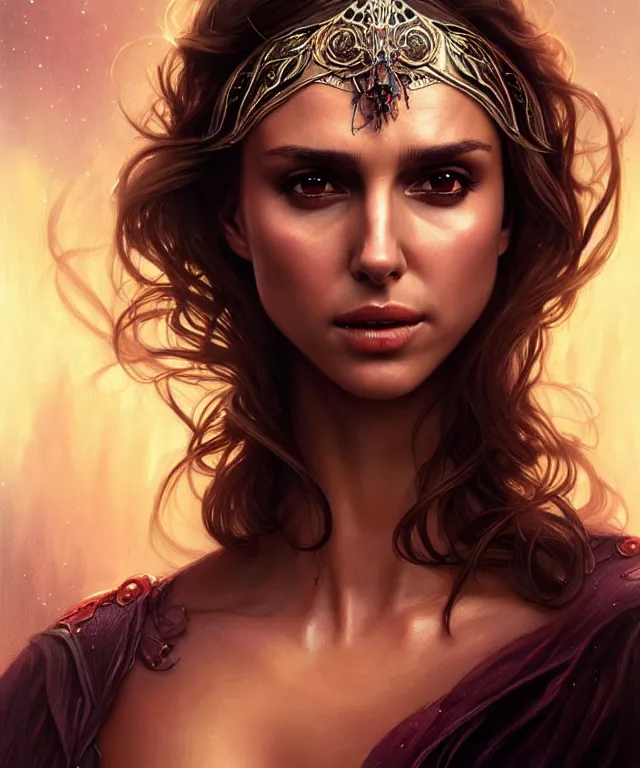 Image similar to Nathalie portman as jessica alba fantasy magic woman portrait, sci-fi, amber eyes, face, long hair, fantasy, intricate, elegant, highly detailed, digital painting, artstation, concept art, smooth, sharp focus, illustration, art by artgerm and greg rutkowski and alphonse mucha