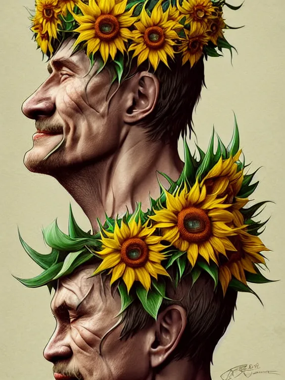 Image similar to digital art, centered full body of Putin smiling king, Sunflower crown, ,intricate, veins, by James Jean and by artgerm , by ross tran ultradetailed, charachter design, concept art, trending on artstation,