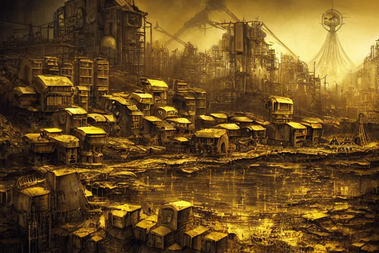 Prompt: simplicity, spaceship river favela honeybee hive, urban environment, industrial factory, apocalyptic, golden, award winning art, epic dreamlike fantasy landscape, ultra realistic,