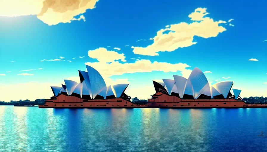 Prompt: scenic view of sydney opera house, in the style of makoto shinkai, sunny, blue skies, soft clouds, anime, 4 k, detailed