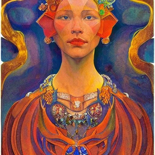 Image similar to the crystal crown, by Annie Swynnerton and Nicholas Roerich and Diego Rivera, bioluminescent skin, elaborate costume, geometric ornament, symbolist, rich color, dramatic cinematic lighting, smooth, sharp focus, extremely detailed