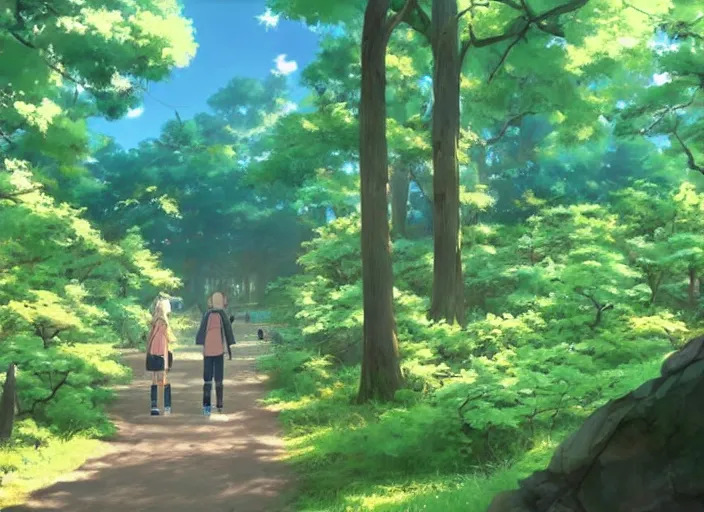 Prompt: going on a nature walk through the woods in Japan, anime scenery by Makoto Shinkai, wholesome and sunlit, discovery