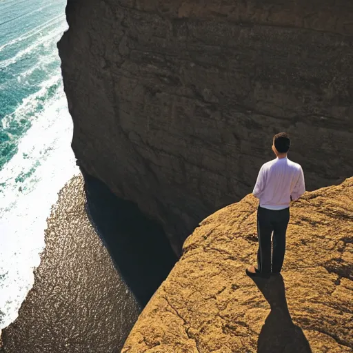Prompt: a man standing at the edge of a cliff, looking out over the ocean towards the sunrise