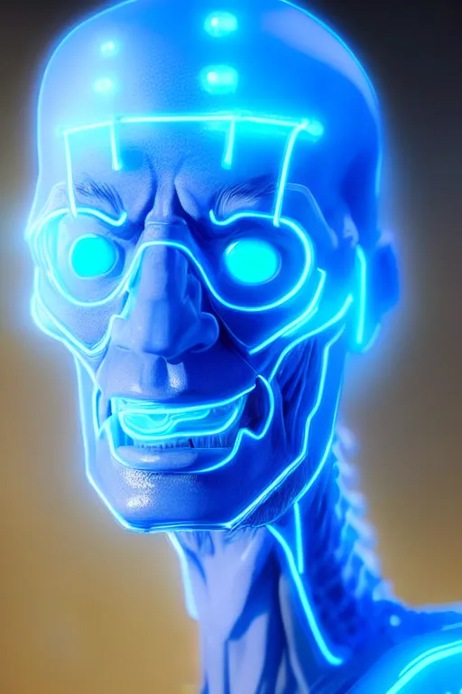 Image similar to hyperrealistic close-up blue neon exoskeleton!! chinese man covered highly detailed concept art eric zener elson peter cinematic side soft yellow light low angle hd 8k sharp shallow depth of field