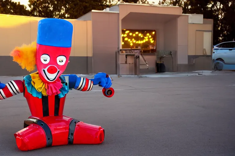 Prompt: clown - robot relaxing at a california drive in, in 2 0 1 2, cutecore clowncore, bathed in the the glow of the sunset, low - light photograph, in style of tyler mitchell