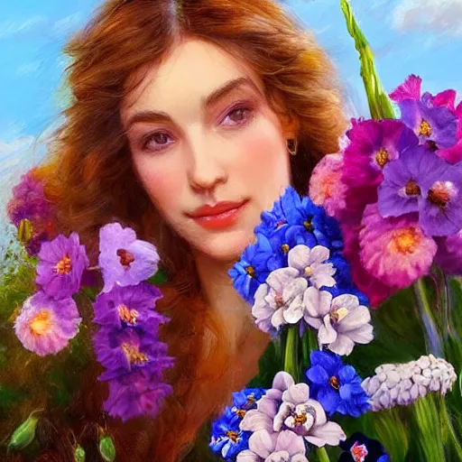 Image similar to a portrait of a romantic woman with flowers grow out of hair, roses peonies forget-me-nots dahlias lupins gladioli, sky theme in background, by Alexandr Averin, Digital Art, Trending on artstation