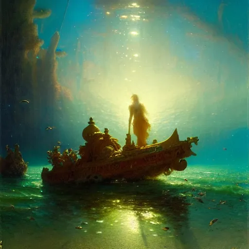 Prompt: i am at the bottom of the ocean looking up, see fishes swimming, see the milk way up above through the water, night time, midnight. highly detailed painting by gaston bussiere, greg rutkowski 8 k