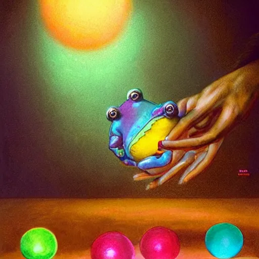 Image similar to long shot of a very cute frog playing with a rainbow glas balls, concept art, by esao andrews, by m. w. kaluta, volumetric light, surrealism, rich colors, very humorous!!! oil painting, realistic reflections, smooth, depth perception, high depth of field, 4 k, unreal engine 5, ultradetailed, hyperrealistic, artstation